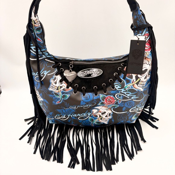 Ed Hardy Skull Rose Tattoo Print Fringe Hobo Bag Blue Black Y2K New